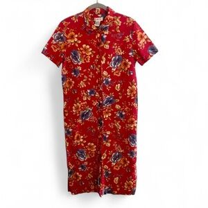 VINTAGE TALBOTS RED FLORAL SHORT SLEEVE BUTTON DOWN MIDI SHIRTDRESS SIZE 10